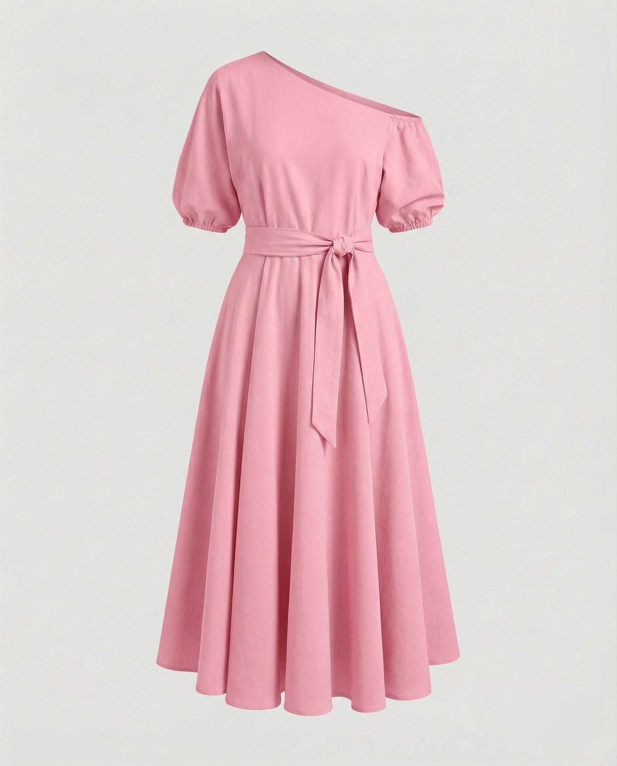 Bardot-Midikleid für Damen mit Puffärmeln und Bindegürtel – Modell mit weitem Rock für sommerliche Anlässe