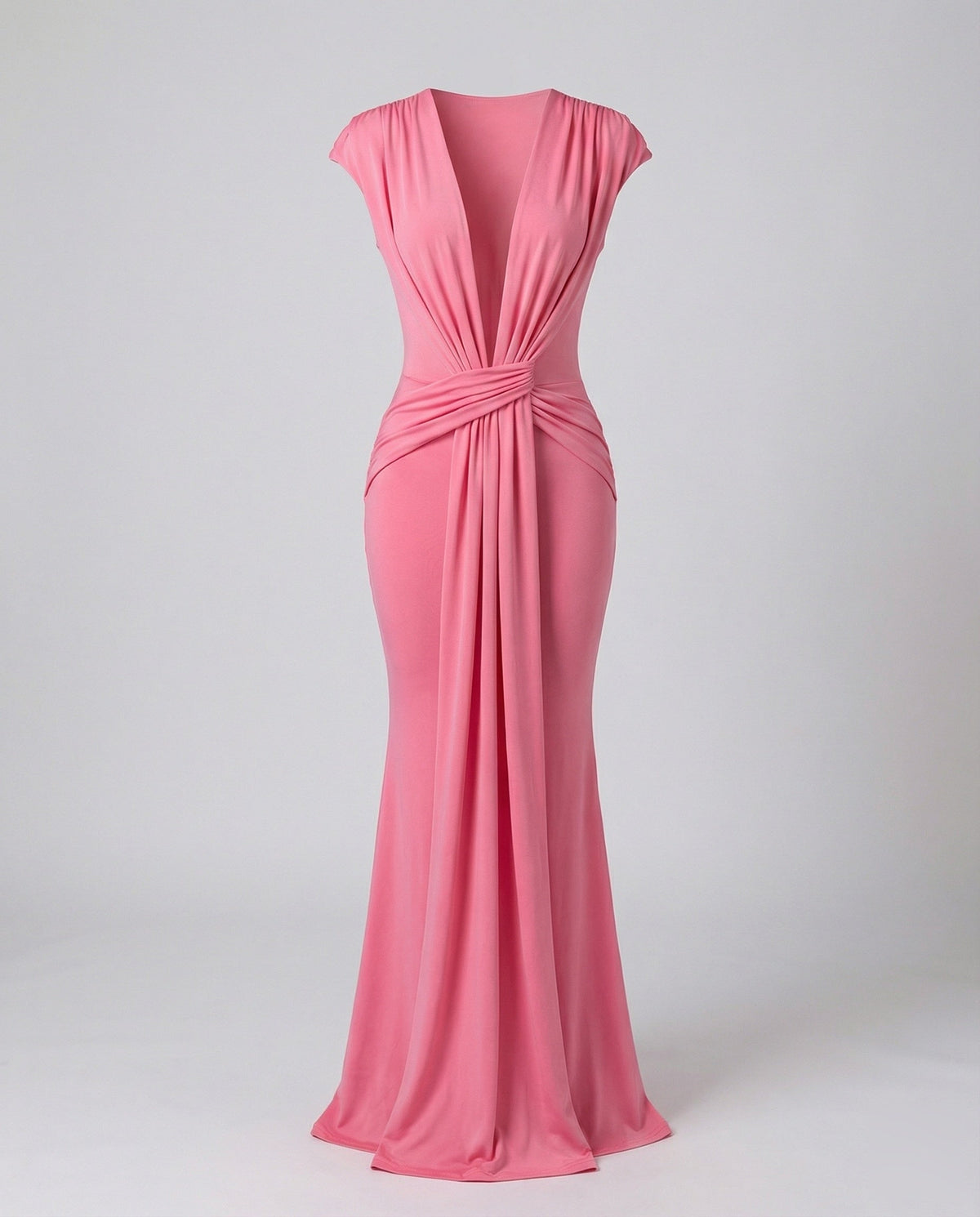 Robe longue à décolleté plongeant pour femme, avec taille drapée - Robe de soirée à manches courtes et panneau frontal fluide pour les occasions formelles