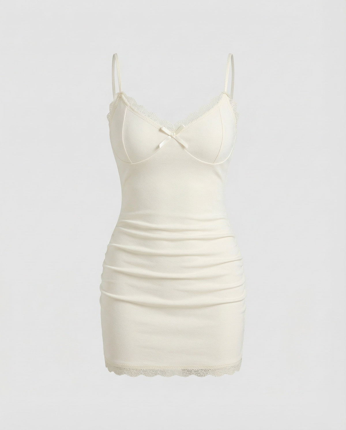 Nuisette pour femme à bordure en dentelle et bretelles fines – Vêtement de nuit court et ajusté, avec nœud décoratif et corsage à coutures apparentes