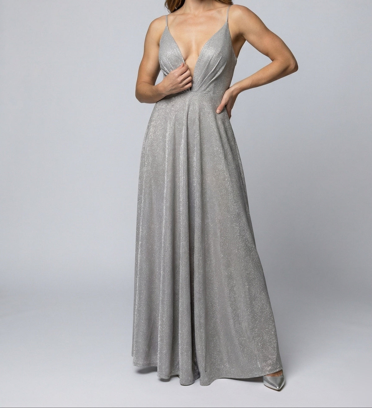 Vestido largo brillante para mujer con escote pronunciado en V - Vestido de corte A con tirantes finos para galas y veladas formales