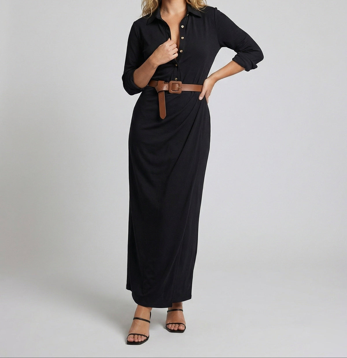 Vestido camisero largo para mujer con cuello y cintura drapeada - Estilo de manga larga y cuerpo abotonado para el trabajo y cenas