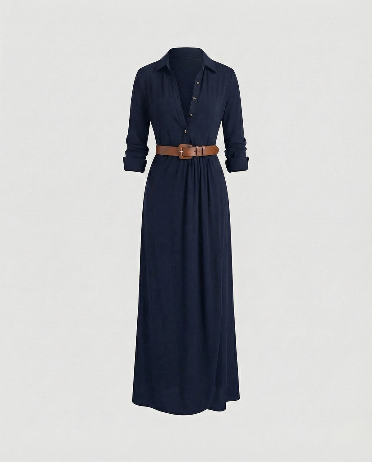 Vestido camisero largo para mujer con cuello y cintura drapeada - Estilo de manga larga y cuerpo abotonado para el trabajo y cenas