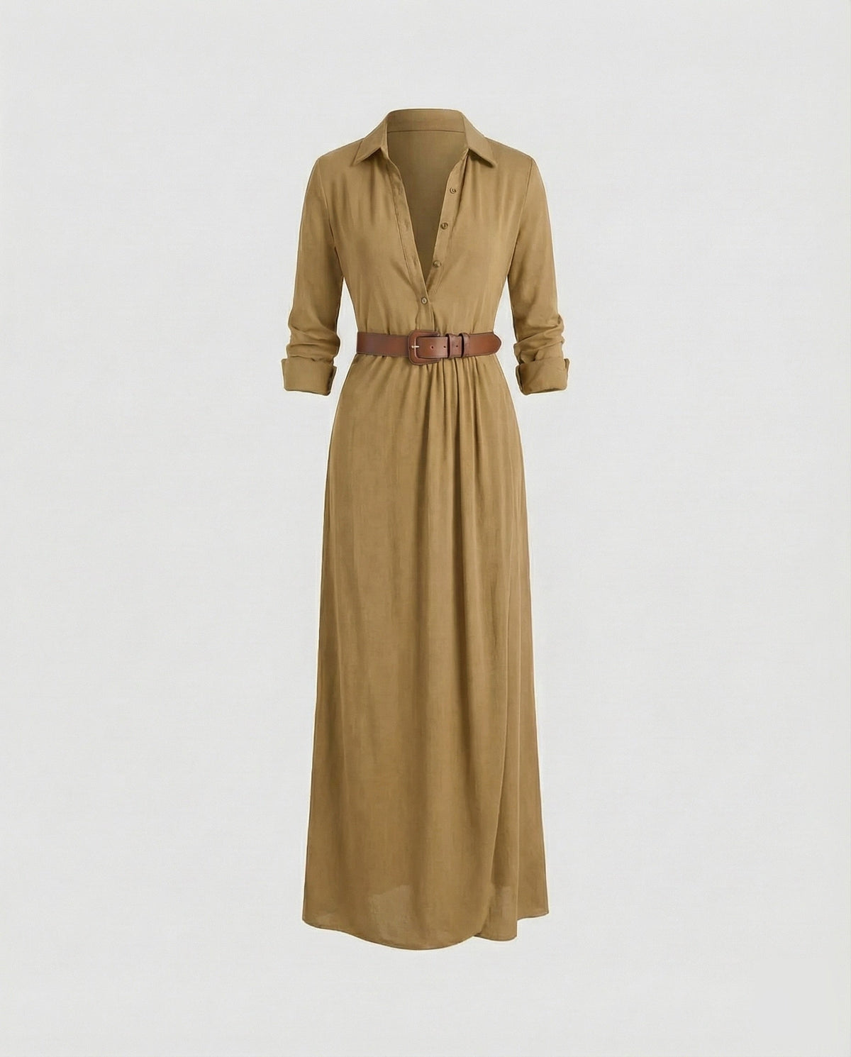 Vestido camisero largo para mujer con cuello y cintura drapeada - Estilo de manga larga y cuerpo abotonado para el trabajo y cenas
