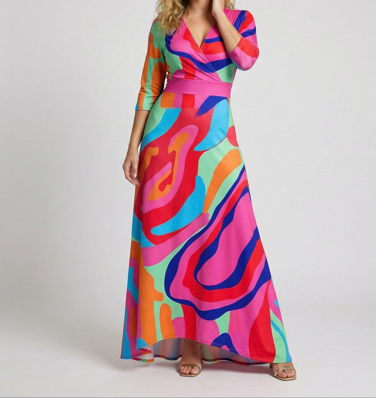 Robe longue imprimée pour femme à effet portefeuille et manches trois-quarts – Taille marquée et jupe évasée pour les réunions estivales