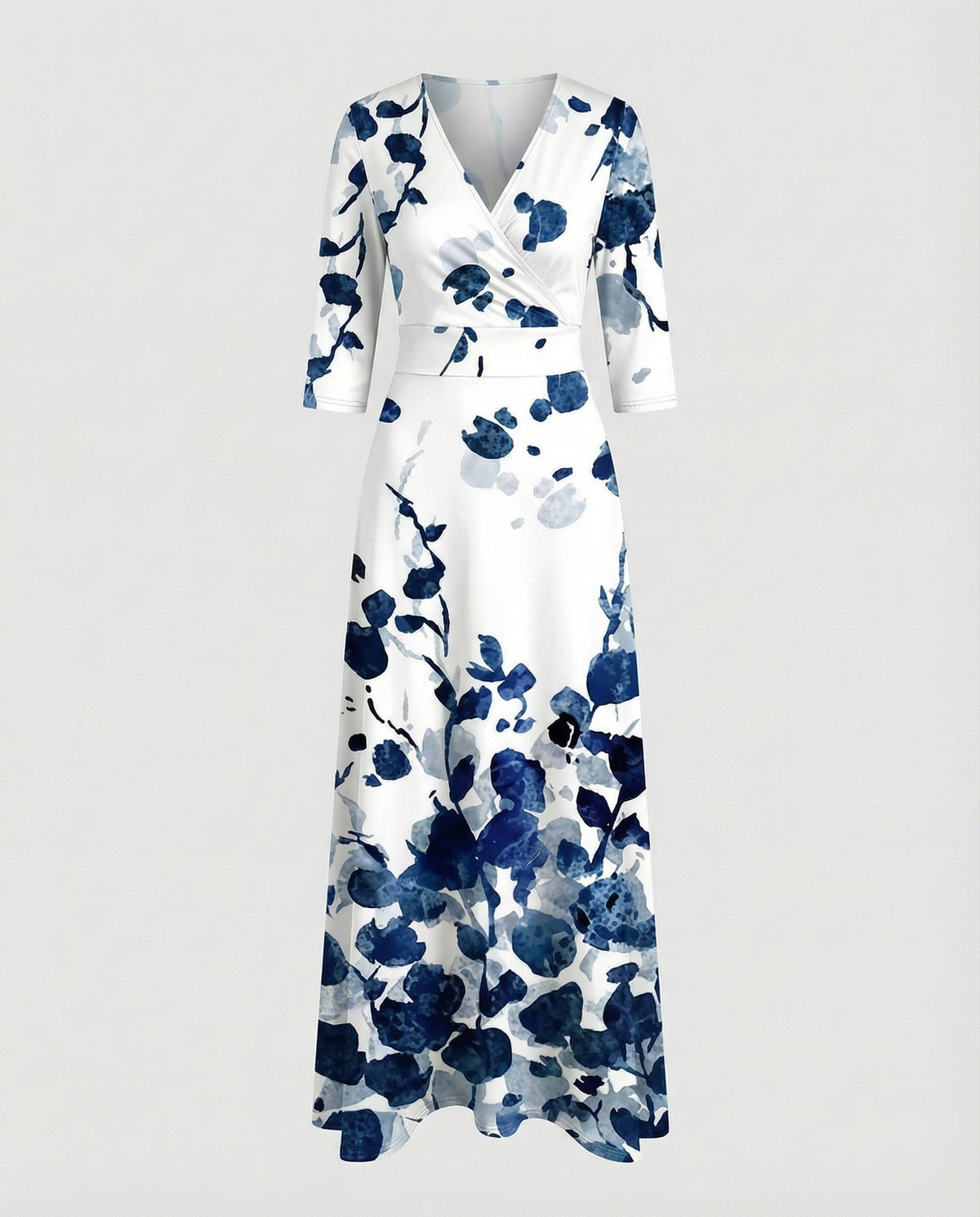 Robe longue imprimée pour femme à effet portefeuille et manches trois-quarts – Taille marquée et jupe évasée pour les réunions estivales