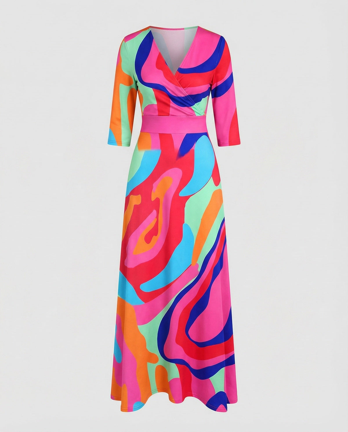 Robe longue imprimée pour femme à effet portefeuille et manches trois-quarts – Taille marquée et jupe évasée pour les réunions estivales