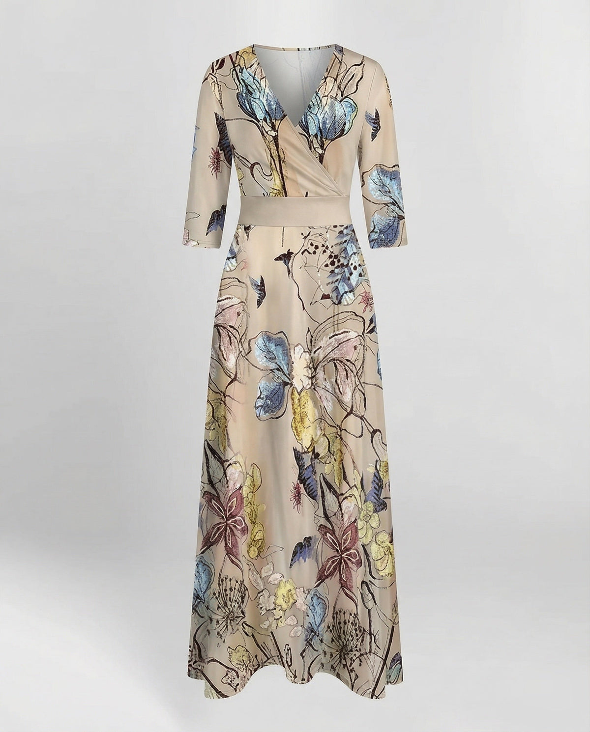 Robe longue imprimée pour femme à effet portefeuille et manches trois-quarts – Taille marquée et jupe évasée pour les réunions estivales