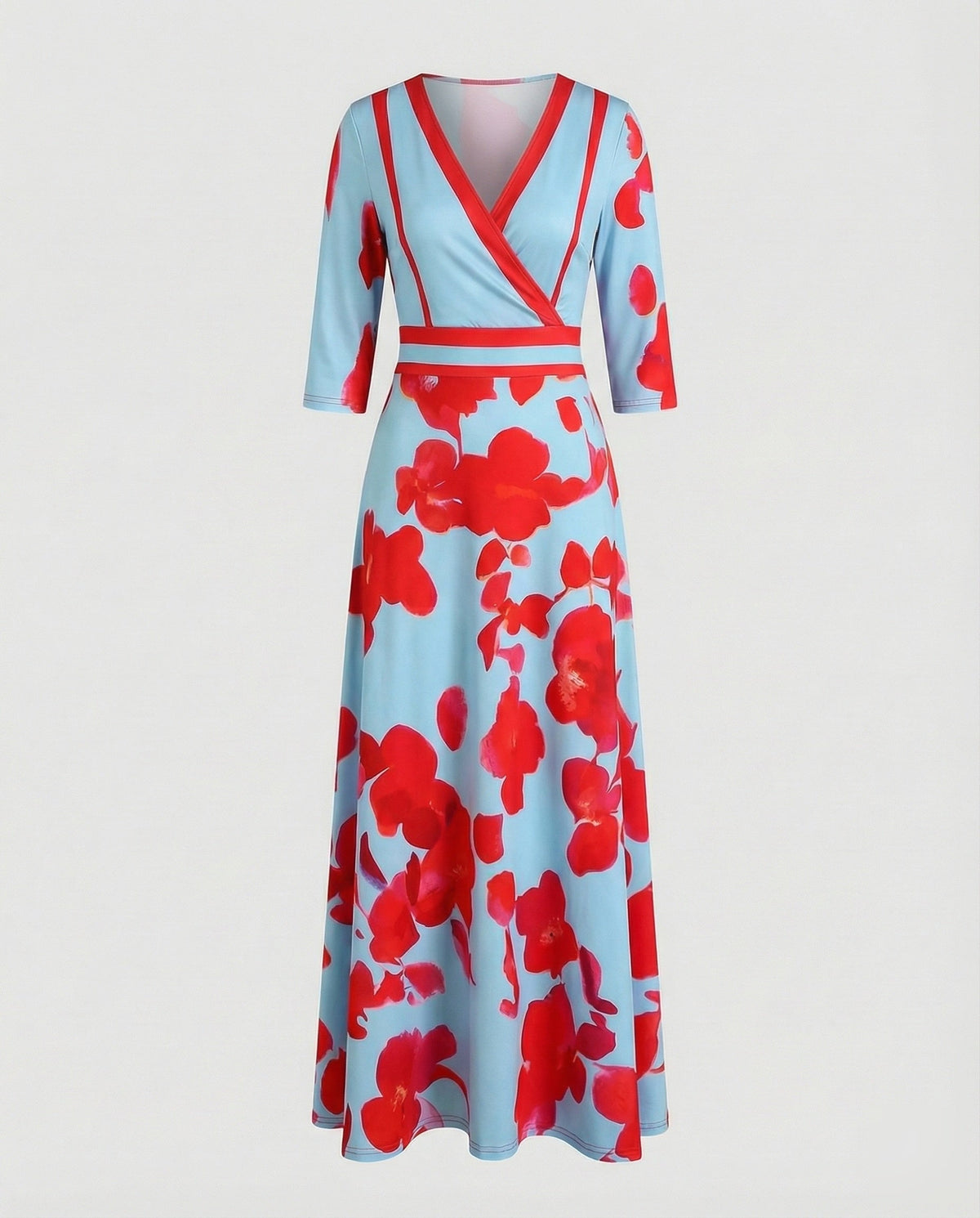 Robe longue imprimée pour femme à effet portefeuille et manches trois-quarts – Taille marquée et jupe évasée pour les réunions estivales