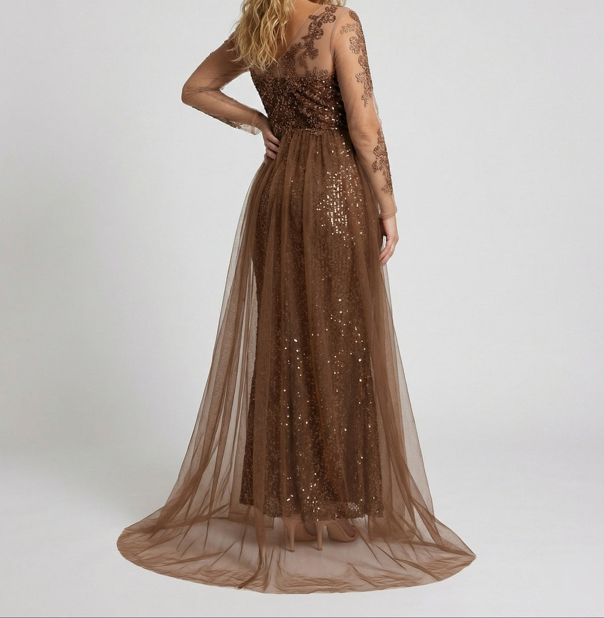 Robe de soirée sirène à sequins pour femme, avec manches transparentes et jupe extérieure en tulle – Robe longue pour les célébrations officielles