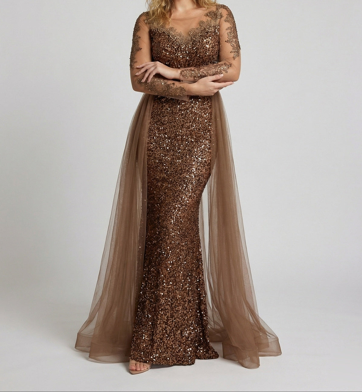 Robe de soirée sirène à sequins pour femme, avec manches transparentes et jupe extérieure en tulle – Robe longue pour les célébrations officielles