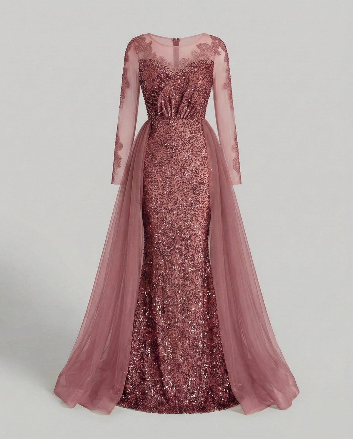 Robe de soirée sirène à sequins pour femme, avec manches transparentes et jupe extérieure en tulle – Robe longue pour les célébrations officielles