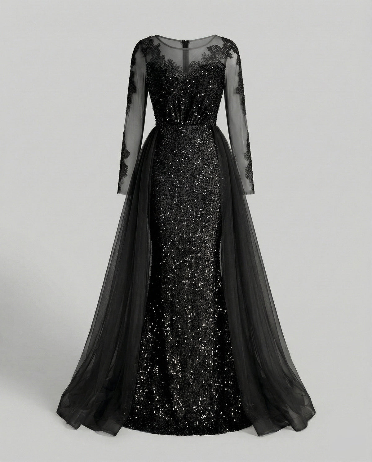Robe de soirée sirène à sequins pour femme, avec manches transparentes et jupe extérieure en tulle – Robe longue pour les célébrations officielles