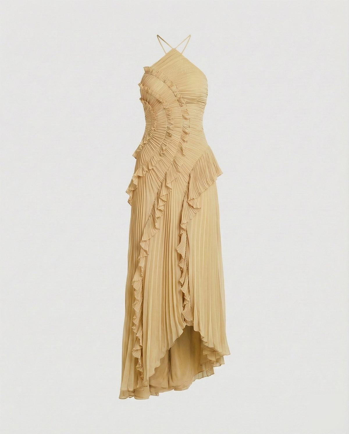 Vestido largo plisado para mujer con cuello halter y volantes estructurados - Vestido con bajo asimétrico para bodas y celebraciones nocturnas