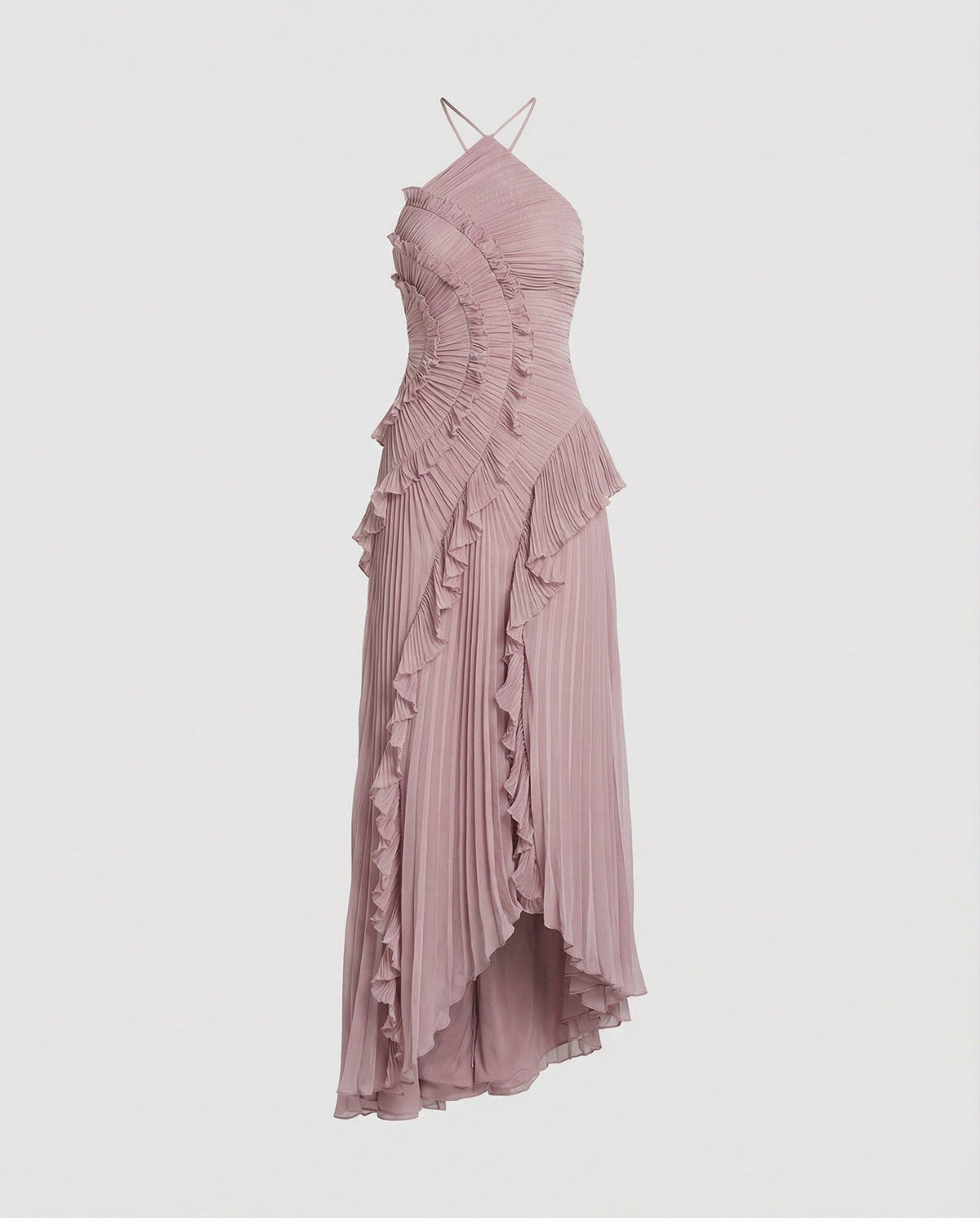 Vestido largo plisado para mujer con cuello halter y volantes estructurados - Vestido con bajo asimétrico para bodas y celebraciones nocturnas