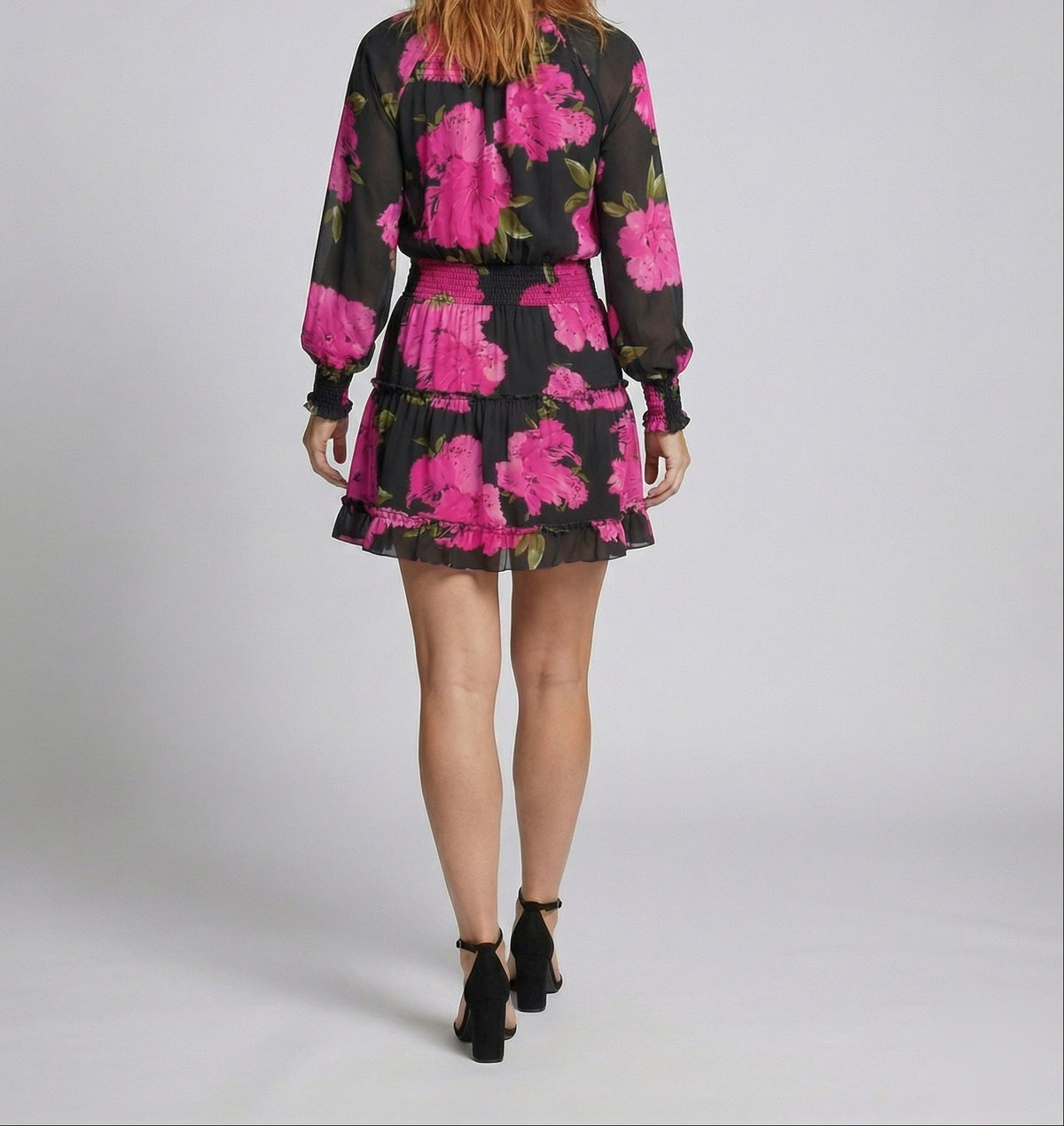 Robe courte imprimée à volants pour femme, avec taille froncée – Manches longues ballon et col à nouer pour les sorties décontractées