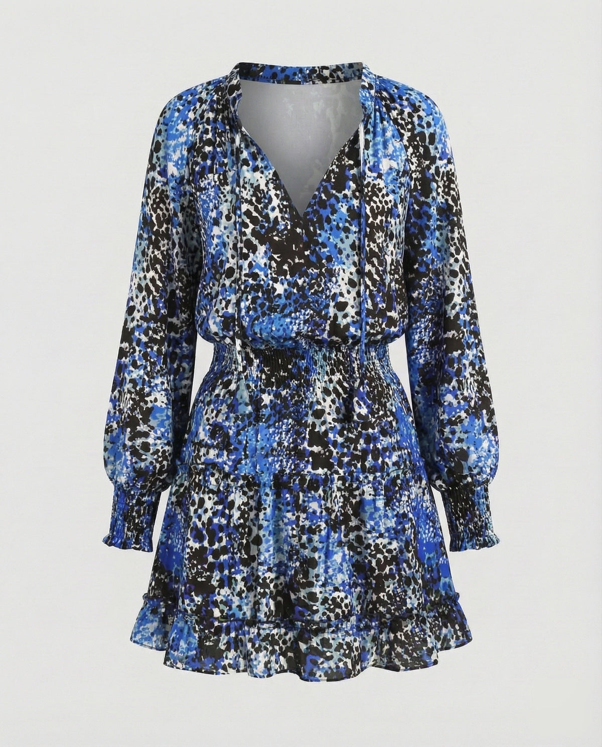 Robe courte imprimée à volants pour femme, avec taille froncée – Manches longues ballon et col à nouer pour les sorties décontractées