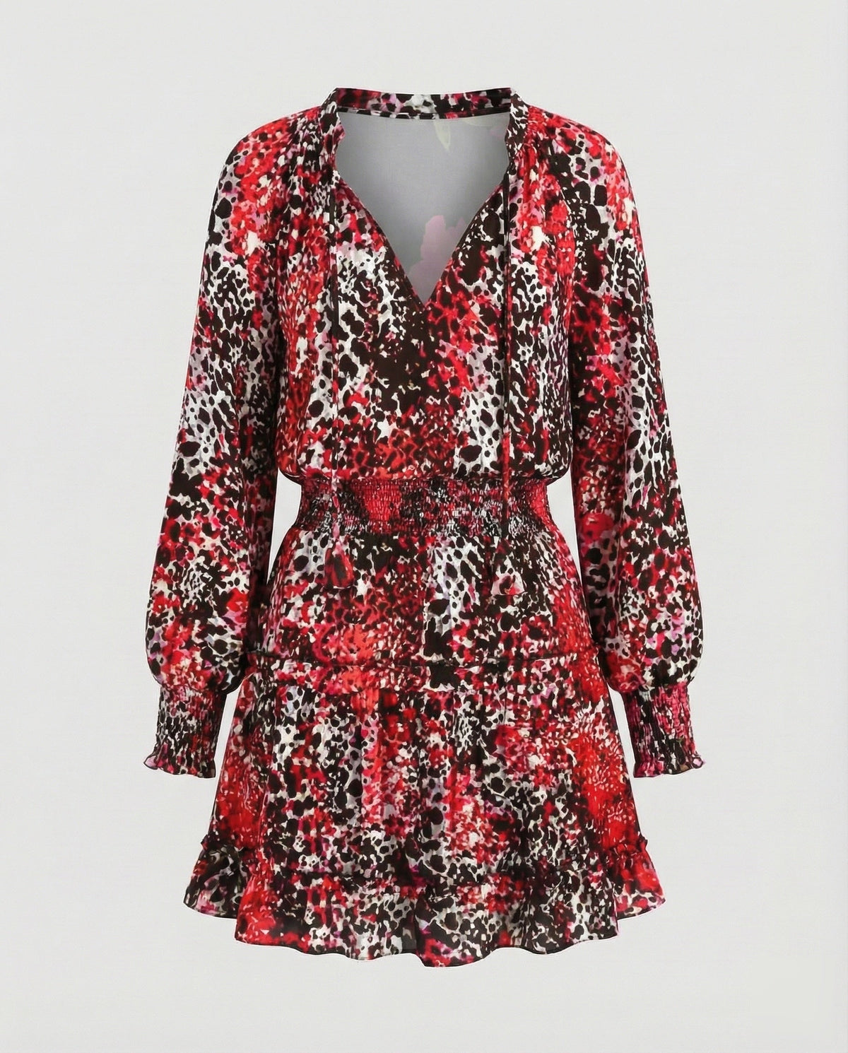 Robe courte imprimée à volants pour femme, avec taille froncée – Manches longues ballon et col à nouer pour les sorties décontractées