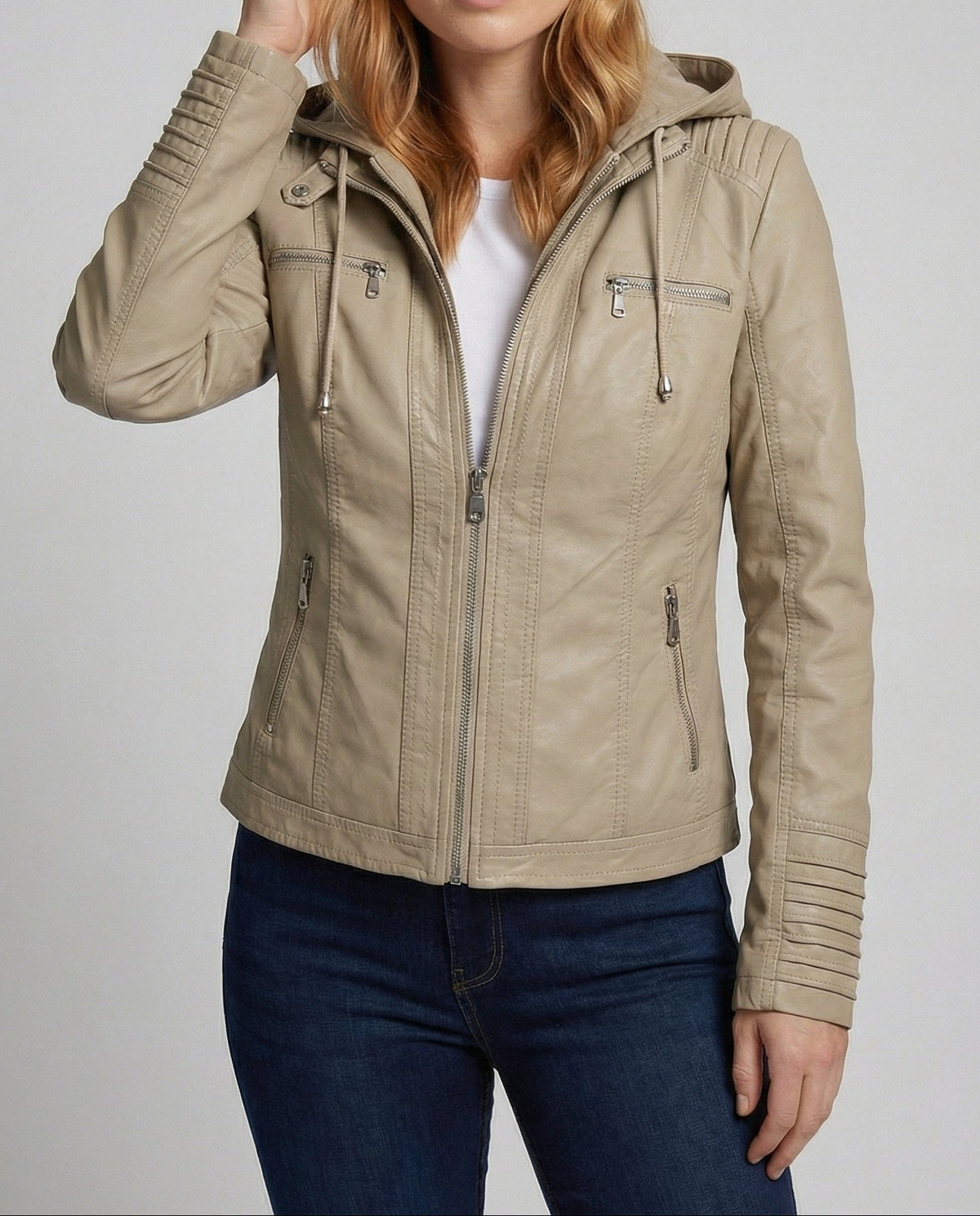 Veste motard à capuche en similicuir pour femme, avec poches zippées - Coupe ajustée et coutures apparentes, idéale pour l’automne et le printemps