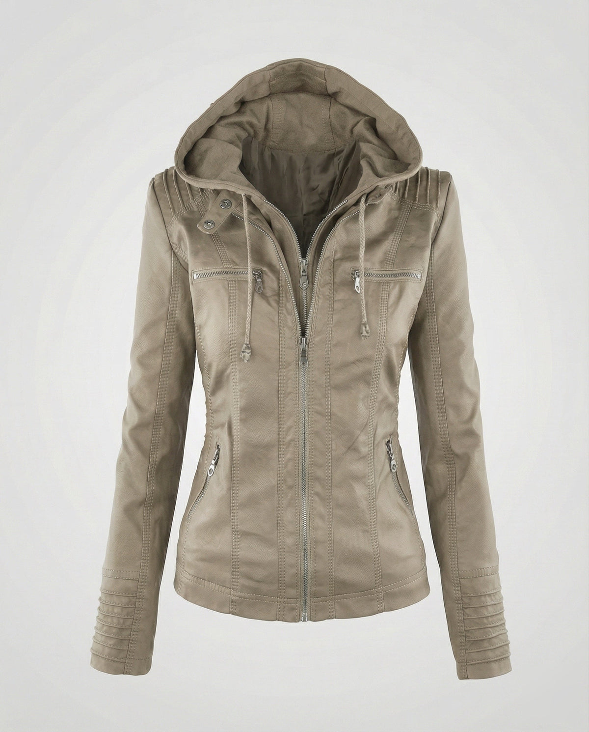 Veste motard à capuche en similicuir pour femme, avec poches zippées - Coupe ajustée et coutures apparentes, idéale pour l’automne et le printemps