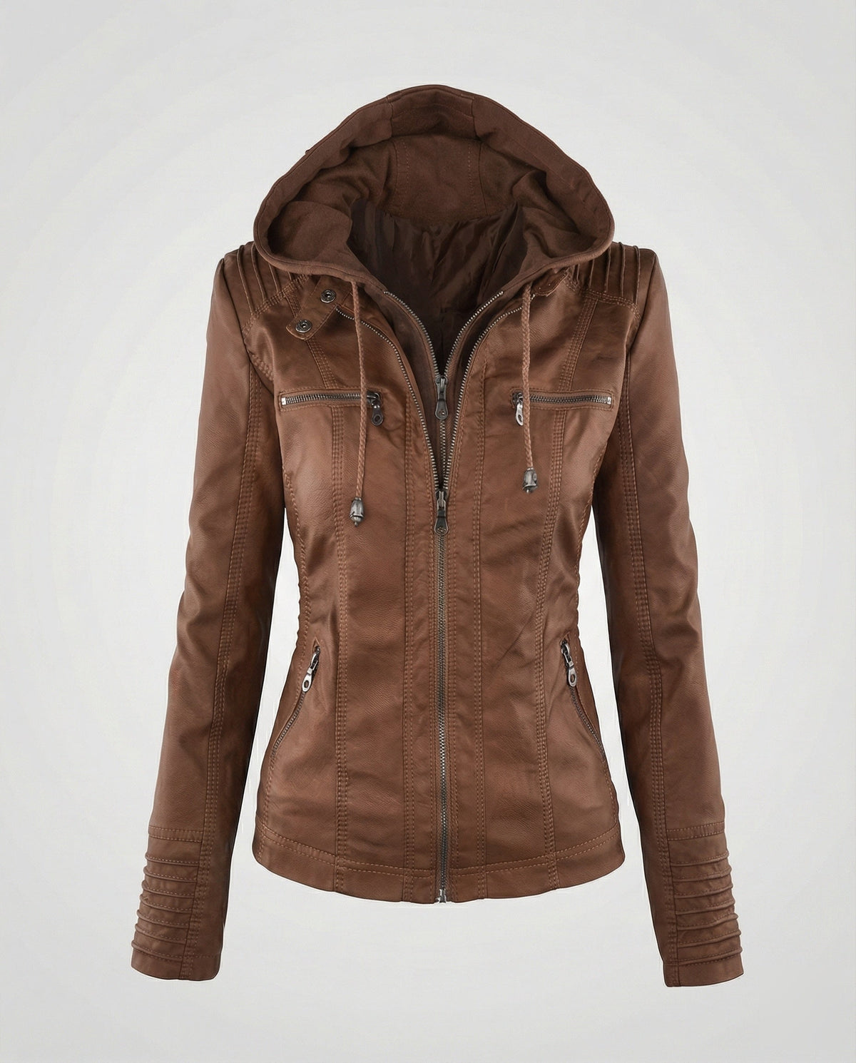 Veste motard à capuche en similicuir pour femme, avec poches zippées - Coupe ajustée et coutures apparentes, idéale pour l’automne et le printemps