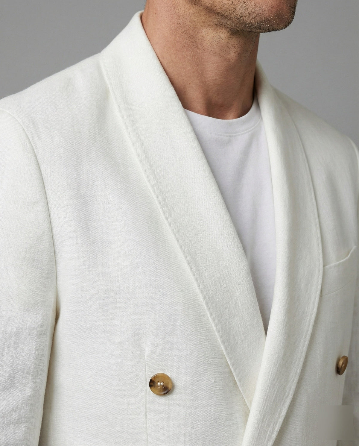 Blazer cruzado com aspeto de linho, gola xale e punhos abotoados para homem, ideal para eventos de verão e looks casuais elegantes