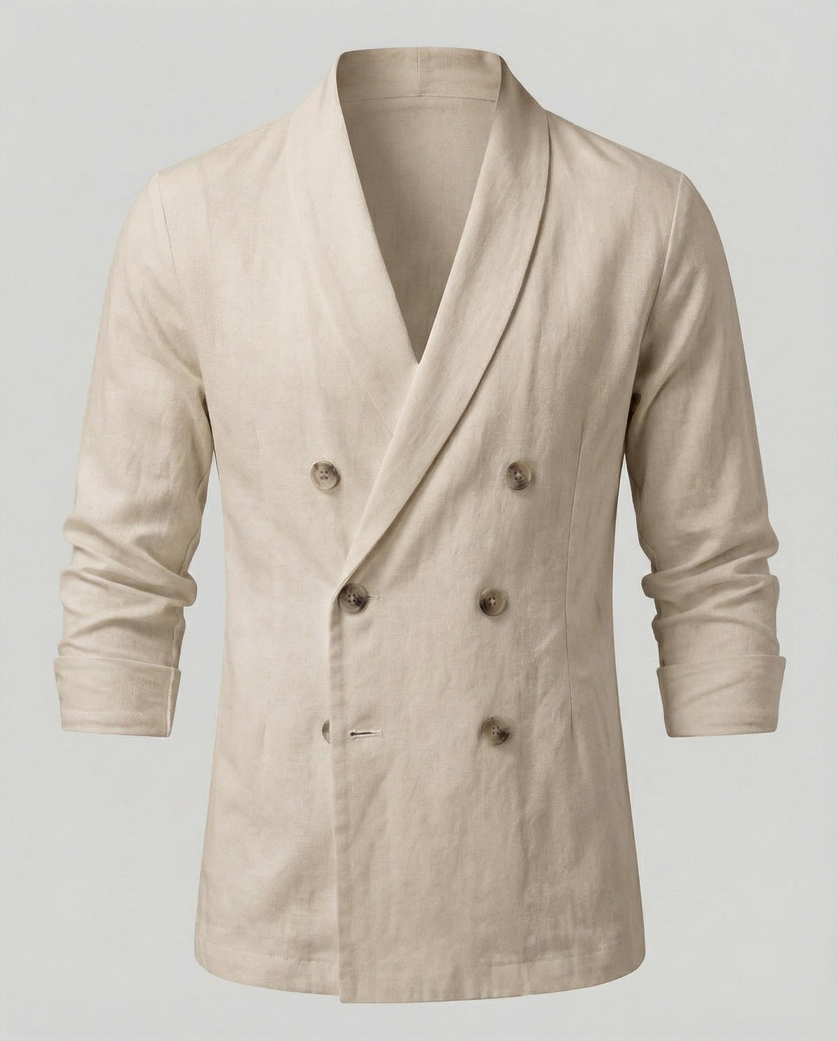 Blazer cruzado com aspeto de linho, gola xale e punhos abotoados para homem, ideal para eventos de verão e looks casuais elegantes