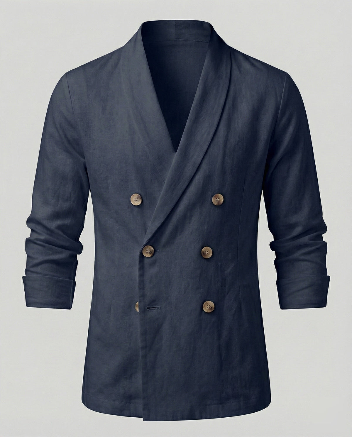 Blazer cruzado com aspeto de linho, gola xale e punhos abotoados para homem, ideal para eventos de verão e looks casuais elegantes