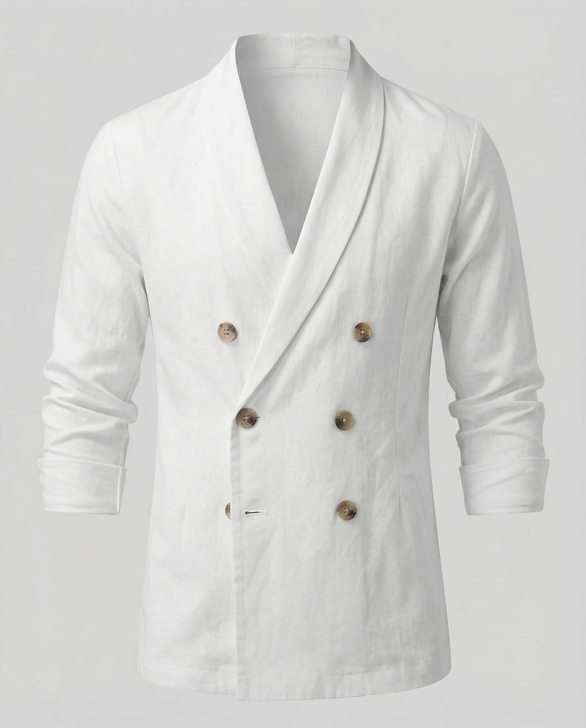 Blazer cruzado com aspeto de linho, gola xale e punhos abotoados para homem, ideal para eventos de verão e looks casuais elegantes