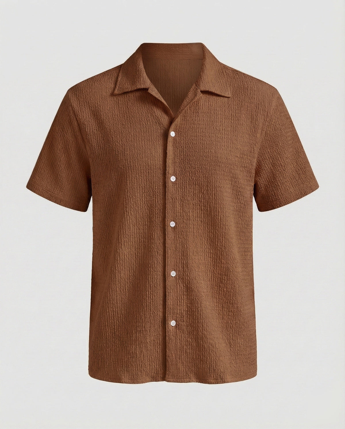 Camisa de gola camp e manga curta com textura enrugada para homem – Modelo descontraído com botões para viagens de verão e looks de fim de semana