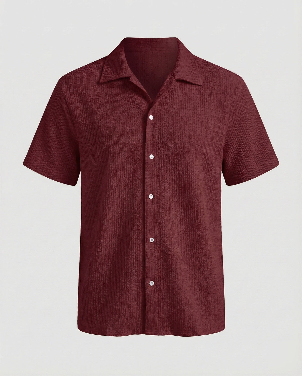 Camisa de gola camp e manga curta com textura enrugada para homem – Modelo descontraído com botões para viagens de verão e looks de fim de semana