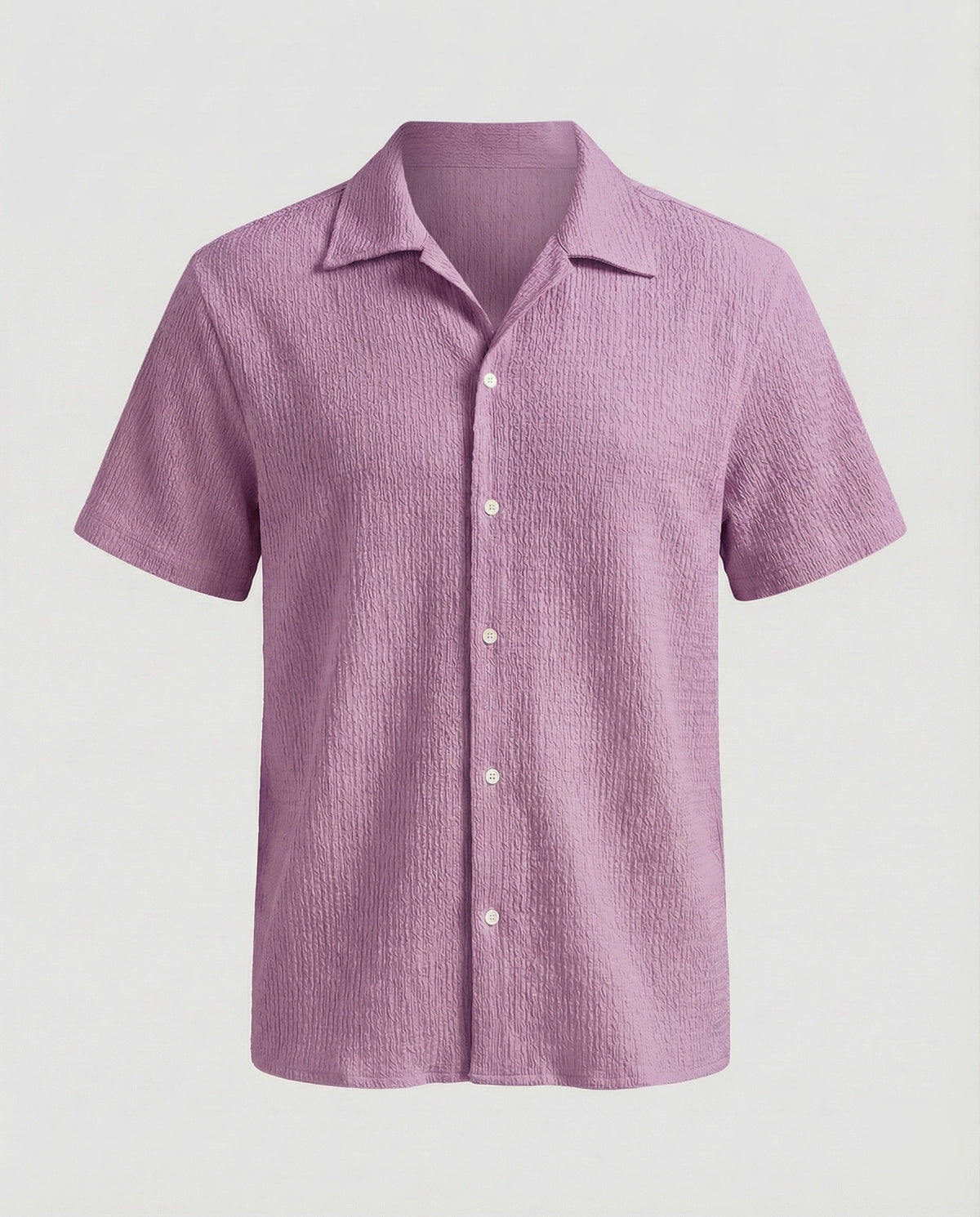 Camisa de gola camp e manga curta com textura enrugada para homem – Modelo descontraído com botões para viagens de verão e looks de fim de semana