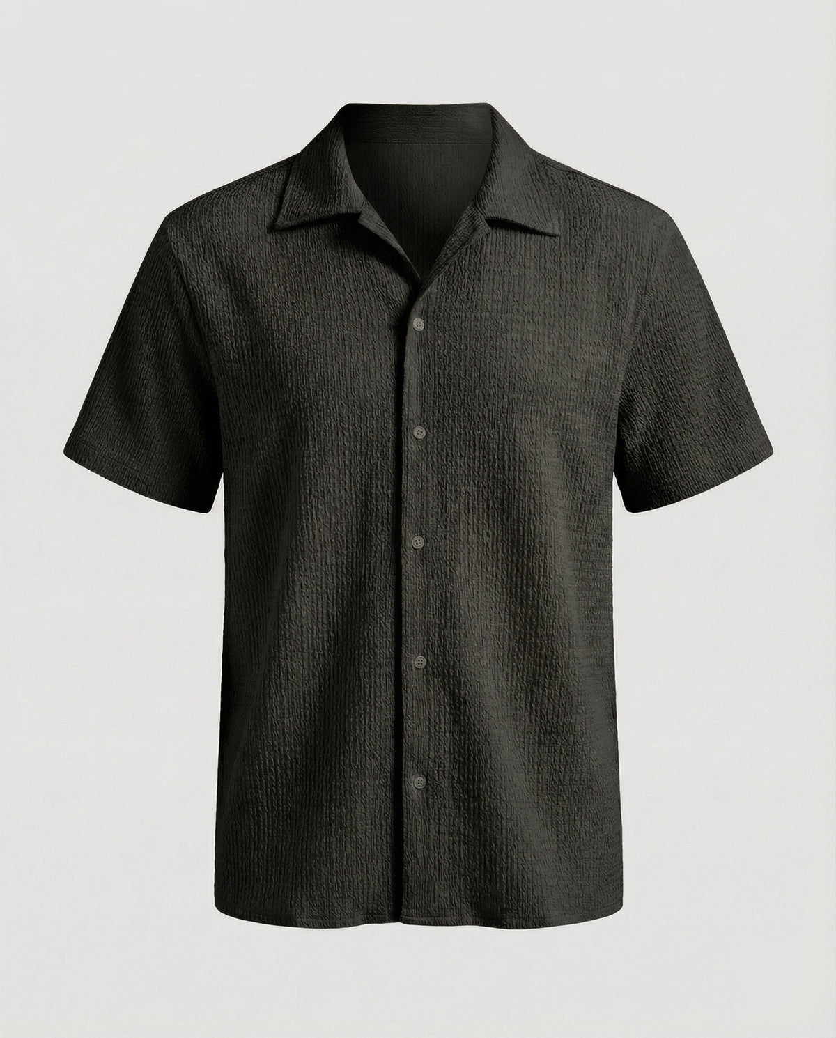 Camisa de gola camp e manga curta com textura enrugada para homem – Modelo descontraído com botões para viagens de verão e looks de fim de semana