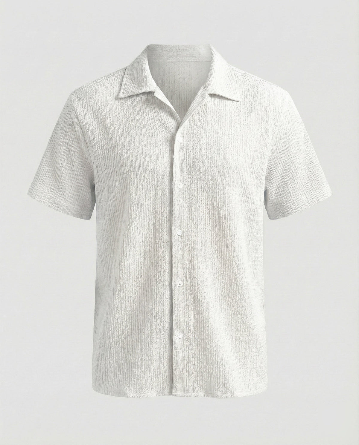 Camisa de gola camp e manga curta com textura enrugada para homem – Modelo descontraído com botões para viagens de verão e looks de fim de semana