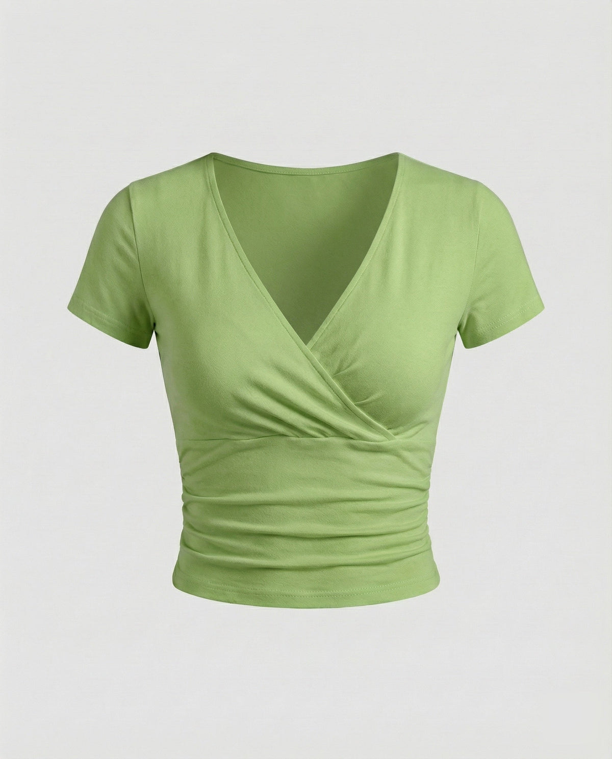 Women’s Crossover V-Neck Crop Top with Ruched Waist – Fitted Short-Sleeve Style for Casual Outfits and Evening Layering