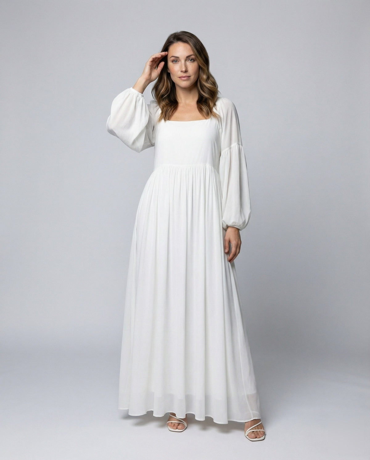 Rochie maxi de damă cu decolteu pătrat – model boho fluid, cu mâneci lungi bufante și talie încrețită, pentru ocazii speciale