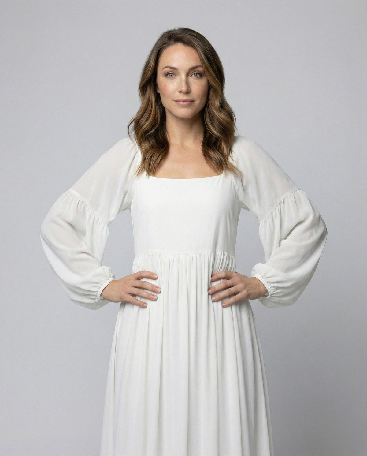 Rochie maxi de damă cu decolteu pătrat – model boho fluid, cu mâneci lungi bufante și talie încrețită, pentru ocazii speciale