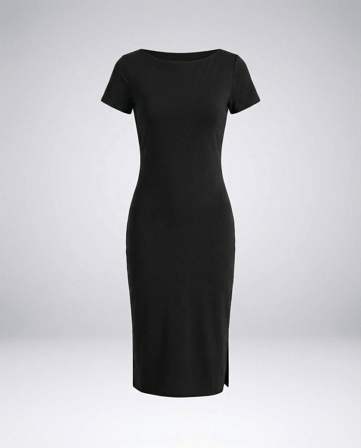 Women’s Short-Sleeved Bodycon Midi Dress – Round-Neck Fitted Style with Side Slit for Everyday and Evening Wear