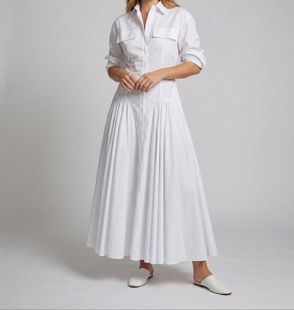 Vestido camisero largo entallado para mujer – Diseño de manga larga con cuello y falda amplia fruncida para vestir elegante de manera informal en verano