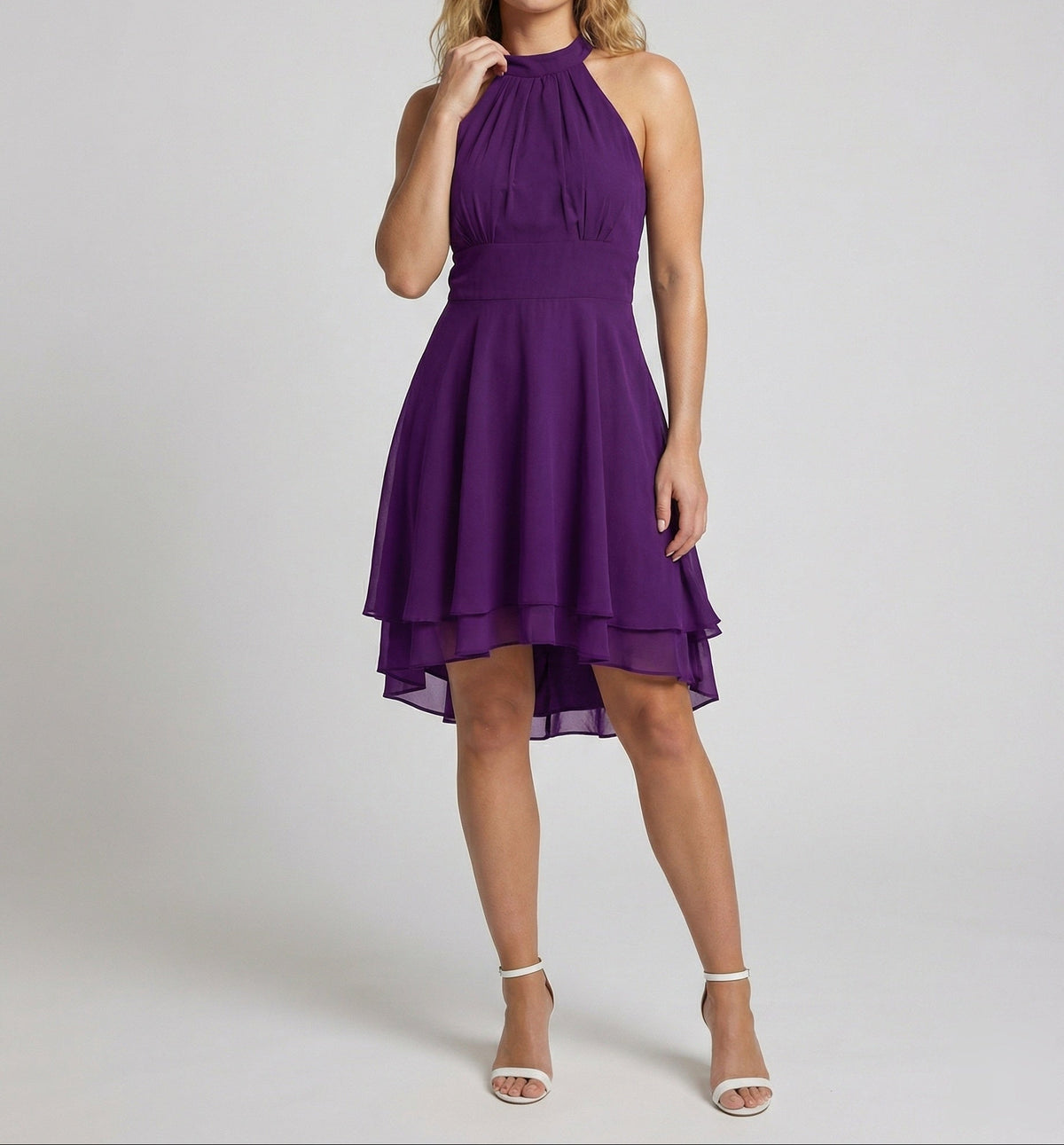 Rochie mini elegantă din șifon, cu guler halter, pentru femei – rochie de cocktail fără mâneci, cu corsaj încrețit și tiv suprapus, mai scurt în față și mai lung în spate, pentru seri și ocazii speciale