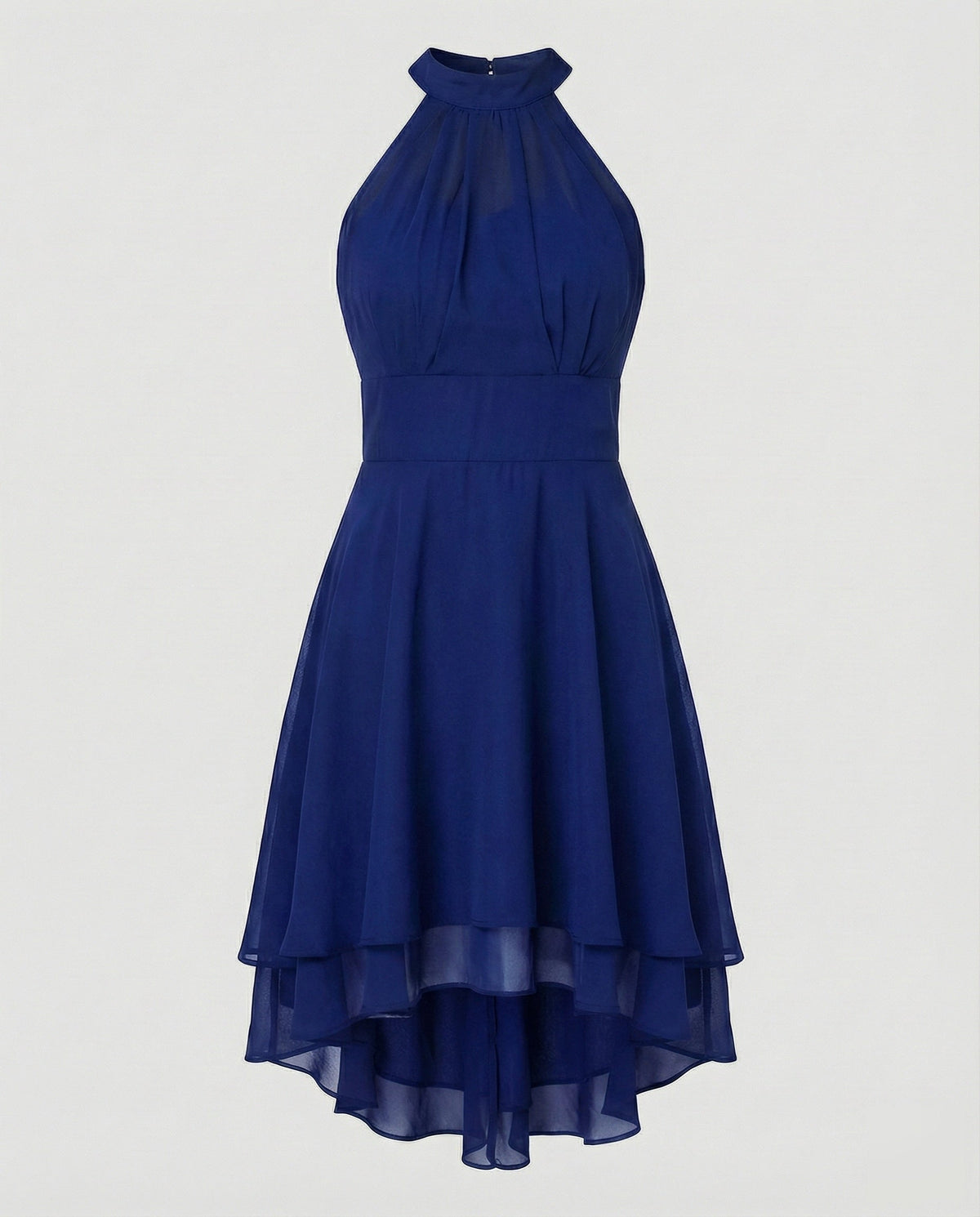 Rochie mini elegantă din șifon, cu guler halter, pentru femei – rochie de cocktail fără mâneci, cu corsaj încrețit și tiv suprapus, mai scurt în față și mai lung în spate, pentru seri și ocazii speciale