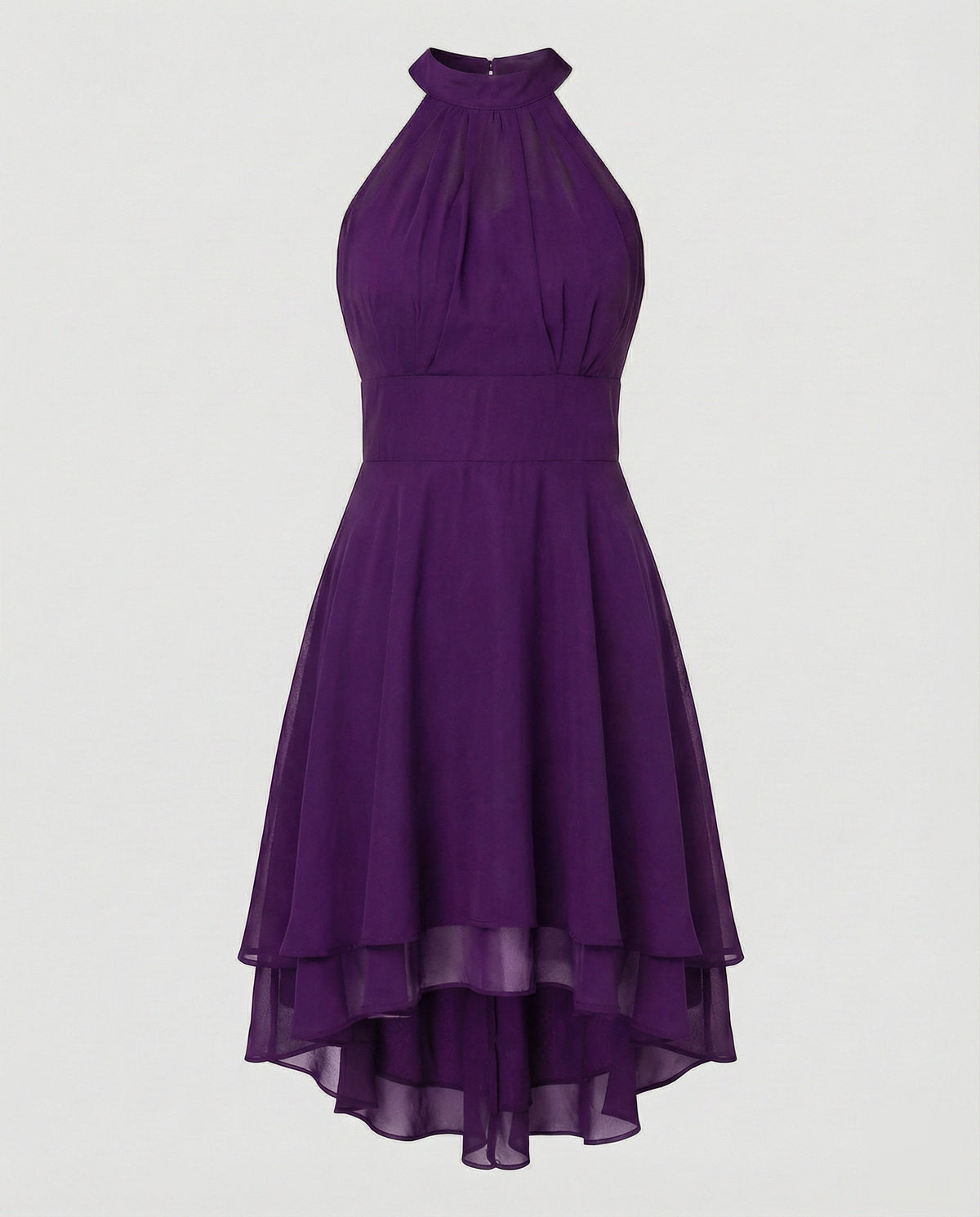 Rochie mini elegantă din șifon, cu guler halter, pentru femei – rochie de cocktail fără mâneci, cu corsaj încrețit și tiv suprapus, mai scurt în față și mai lung în spate, pentru seri și ocazii speciale