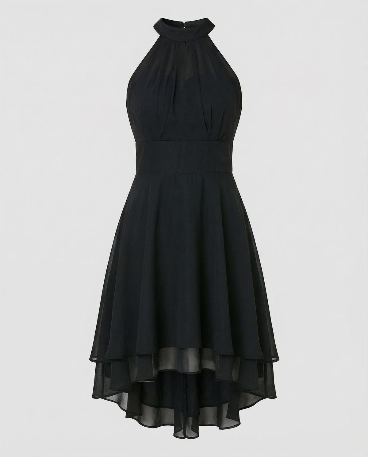 Rochie mini elegantă din șifon, cu guler halter, pentru femei – rochie de cocktail fără mâneci, cu corsaj încrețit și tiv suprapus, mai scurt în față și mai lung în spate, pentru seri și ocazii speciale