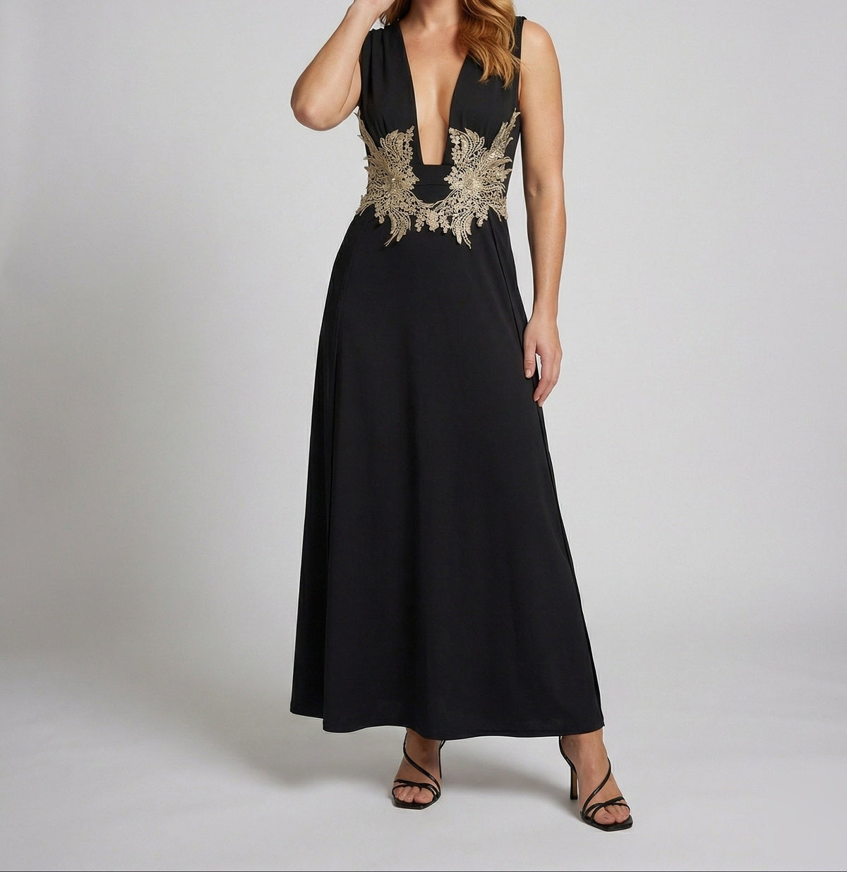Rochie lungă de seară, cu decolteu în V adânc și ornamente, pentru femei – Rochie elegantă, fără mâneci, în A, cu detalii ornamentale din dantelă în talie, pentru evenimente formale