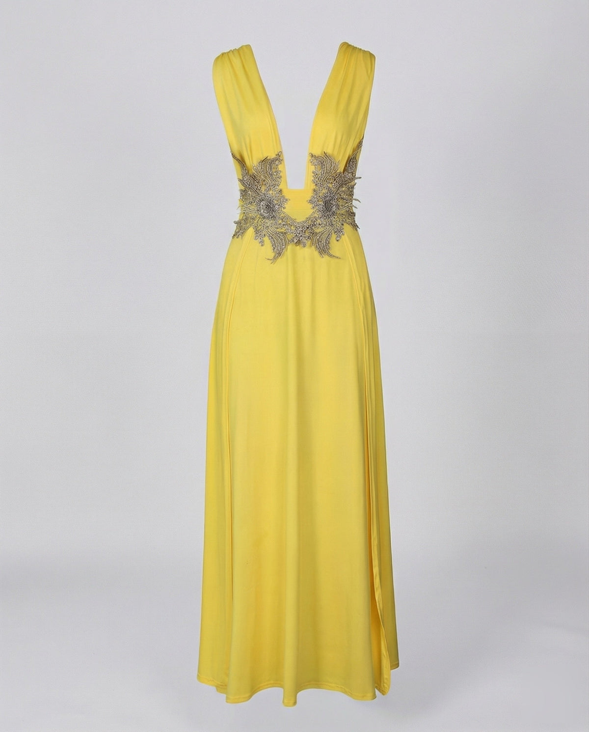 Rochie lungă de seară, cu decolteu în V adânc și ornamente, pentru femei – Rochie elegantă, fără mâneci, în A, cu detalii ornamentale din dantelă în talie, pentru evenimente formale