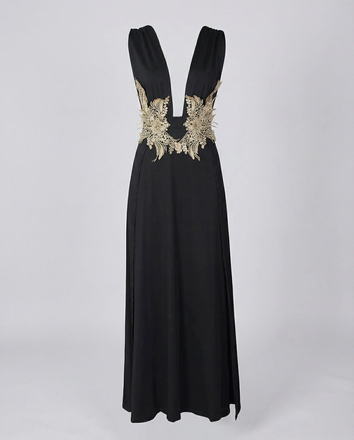 Rochie lungă de seară, cu decolteu în V adânc și ornamente, pentru femei – Rochie elegantă, fără mâneci, în A, cu detalii ornamentale din dantelă în talie, pentru evenimente formale