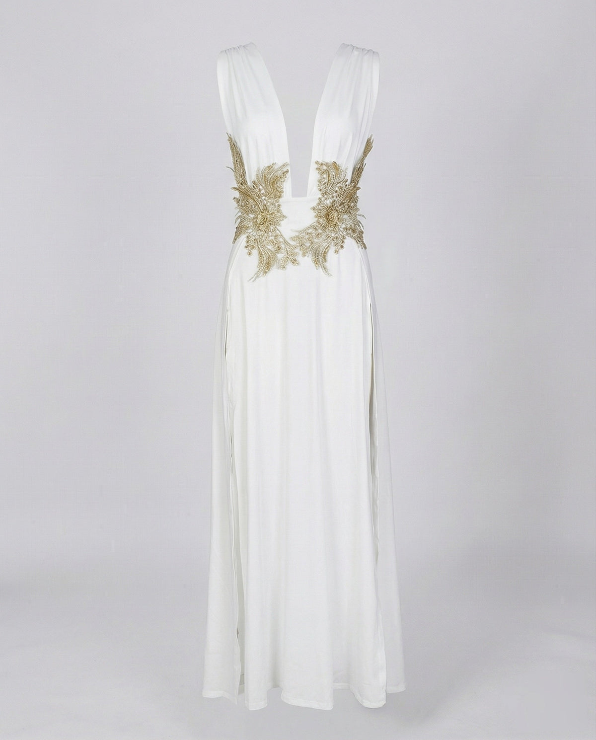 Rochie lungă de seară, cu decolteu în V adânc și ornamente, pentru femei – Rochie elegantă, fără mâneci, în A, cu detalii ornamentale din dantelă în talie, pentru evenimente formale