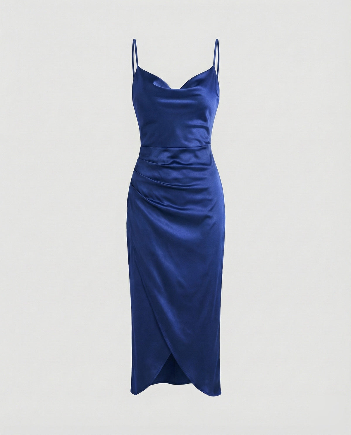Rochie midi din satin, cu decolteu drapat, pentru femei – Rochie elegantă tip furou, cu bretele subțiri, fustă petrecută drapată și șliț frontal, pentru seri și evenimente de tip cocktail
