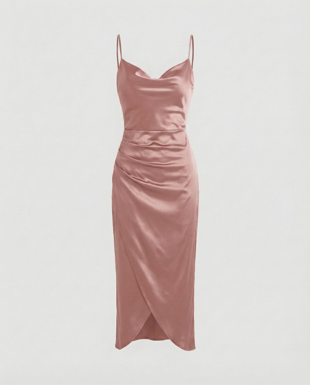 Rochie midi din satin, cu decolteu drapat, pentru femei – Rochie elegantă tip furou, cu bretele subțiri, fustă petrecută drapată și șliț frontal, pentru seri și evenimente de tip cocktail