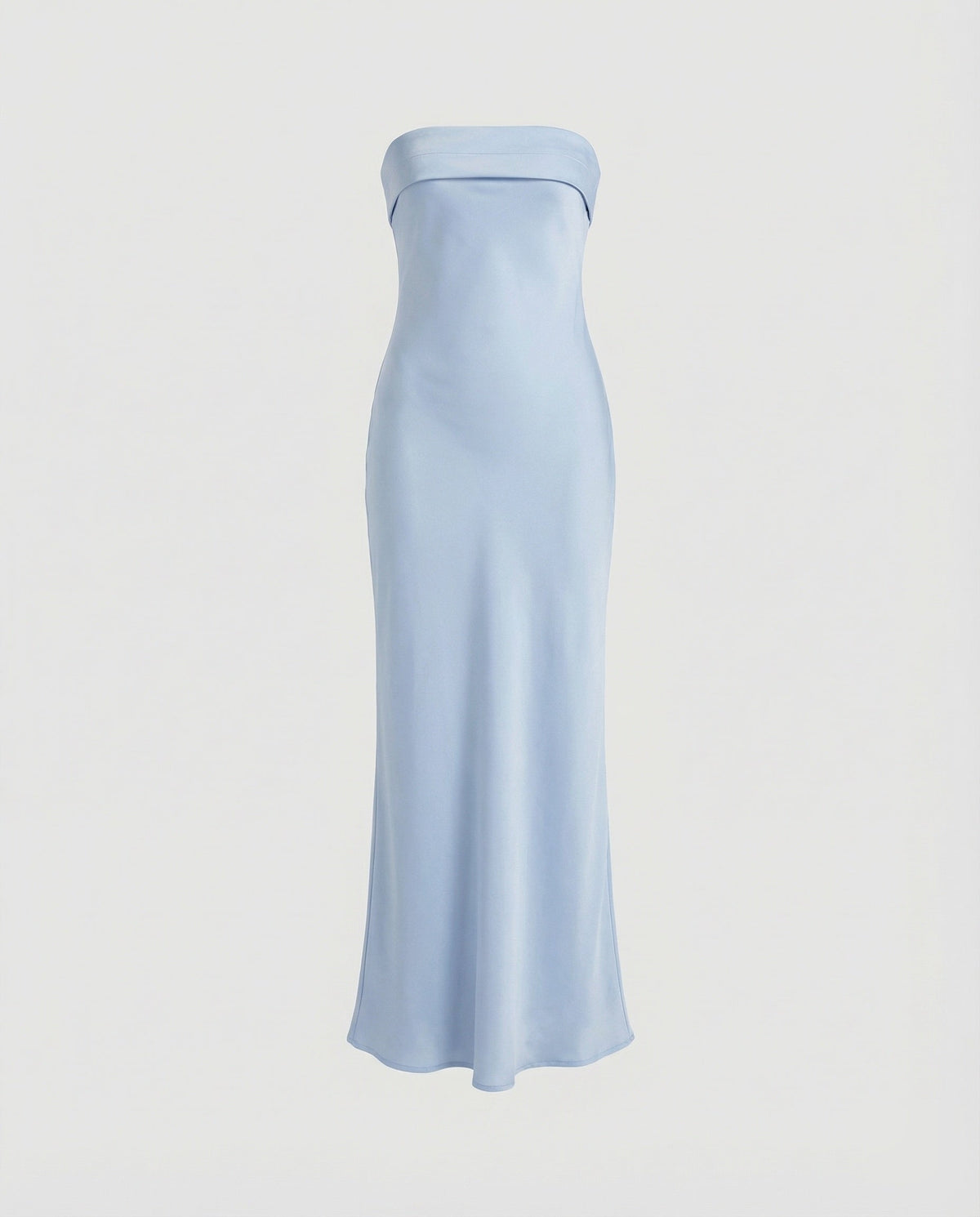 Rochie maxi elegantă din satin, fără bretele, pentru femei - Decolteu minimalist bandeau, detaliu plisat la bust și siluetă fluidă, pentru nunți și evenimente formale de seară