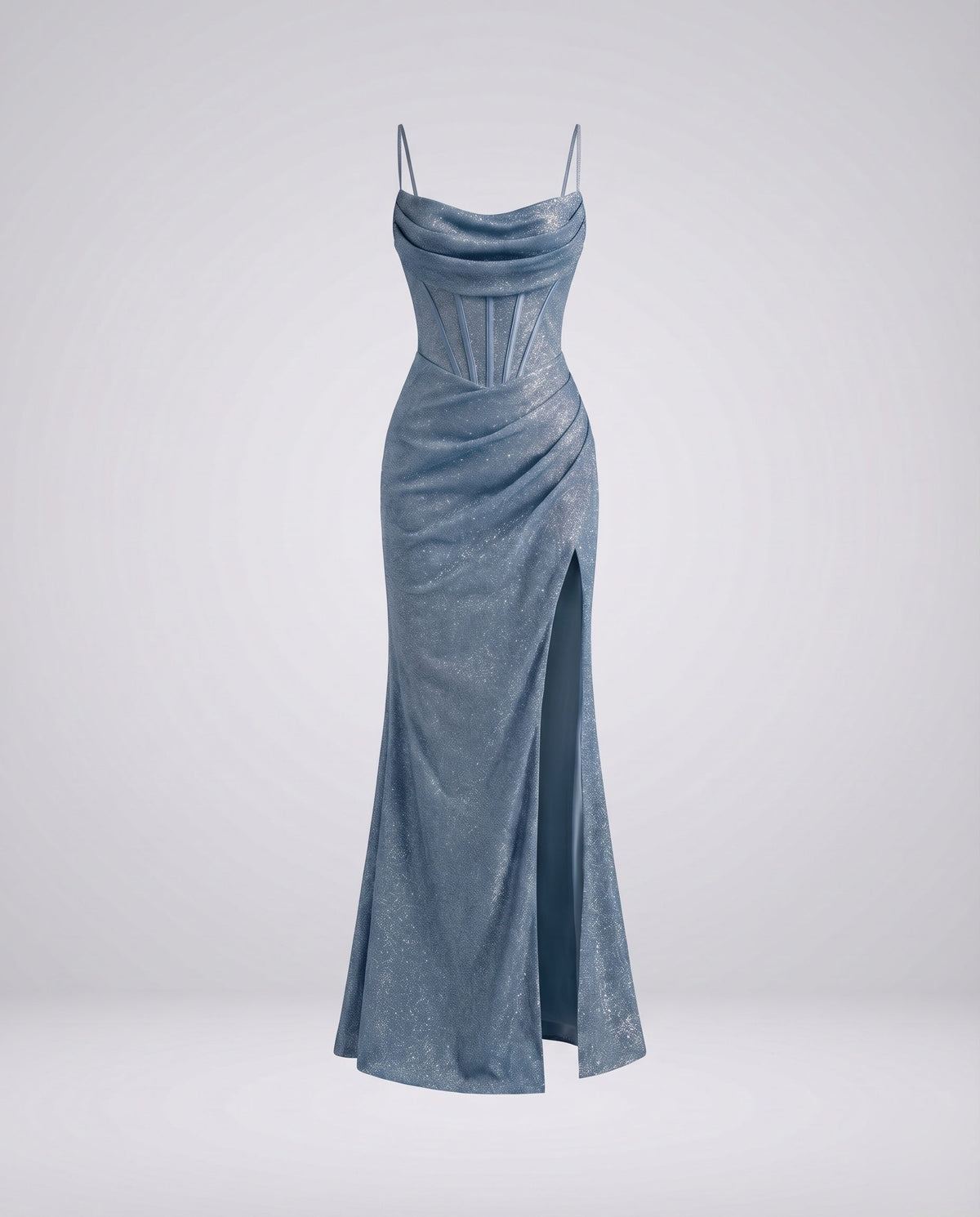Rochie maxi de seară de damă cu sclipici – decolteu drapat tip cowl, corsaj în stil corset și crăpătură pe coapsă, pentru ocazii formale